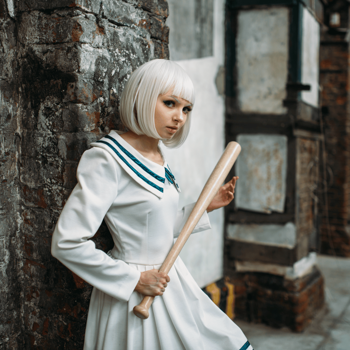 A girl wearing bob wig with bangs in lolita style fashion