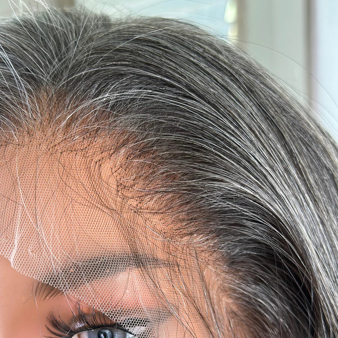 a close up picture of a lace front wig worn by a woman