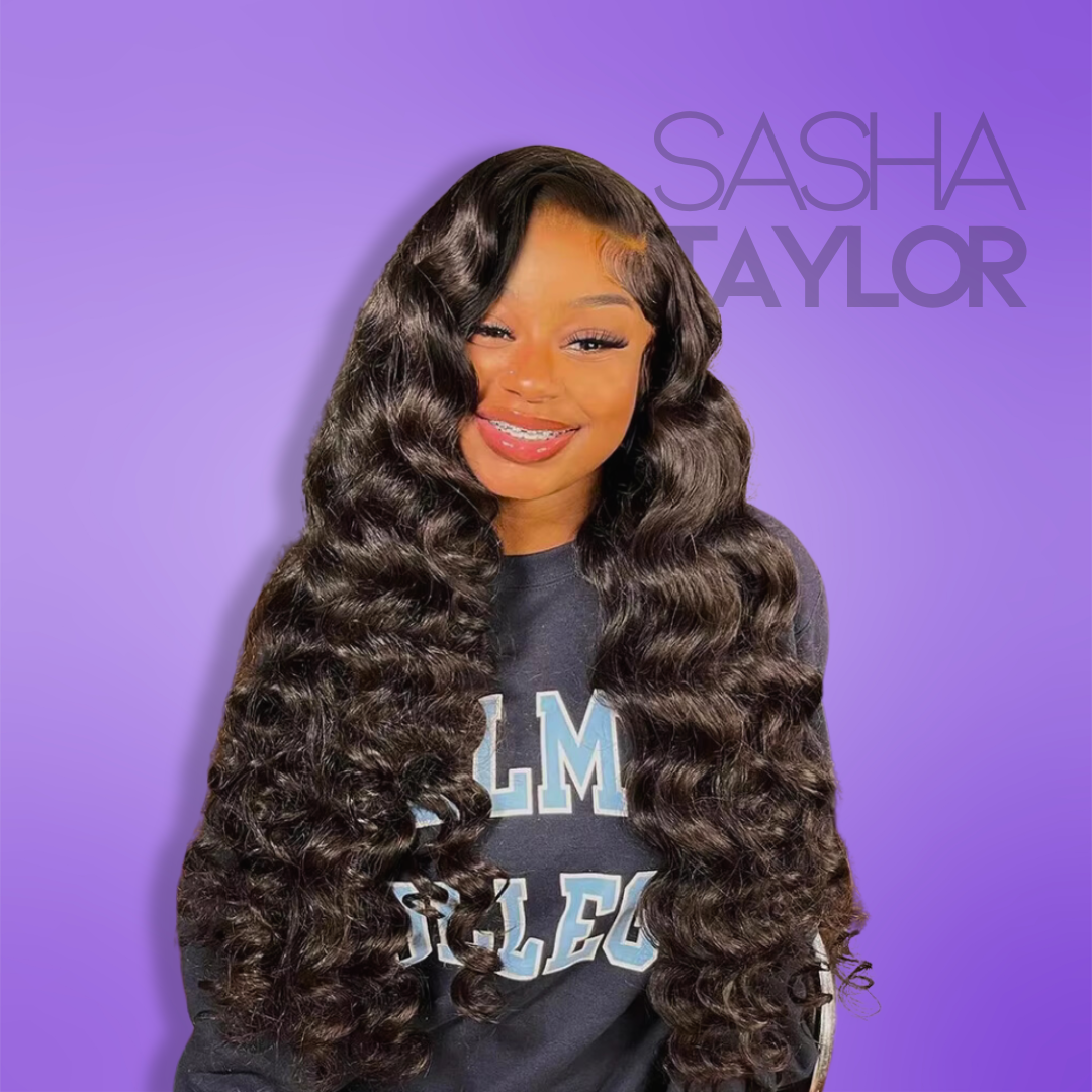 a black african american woman wearing a long black wavy synthetic wig