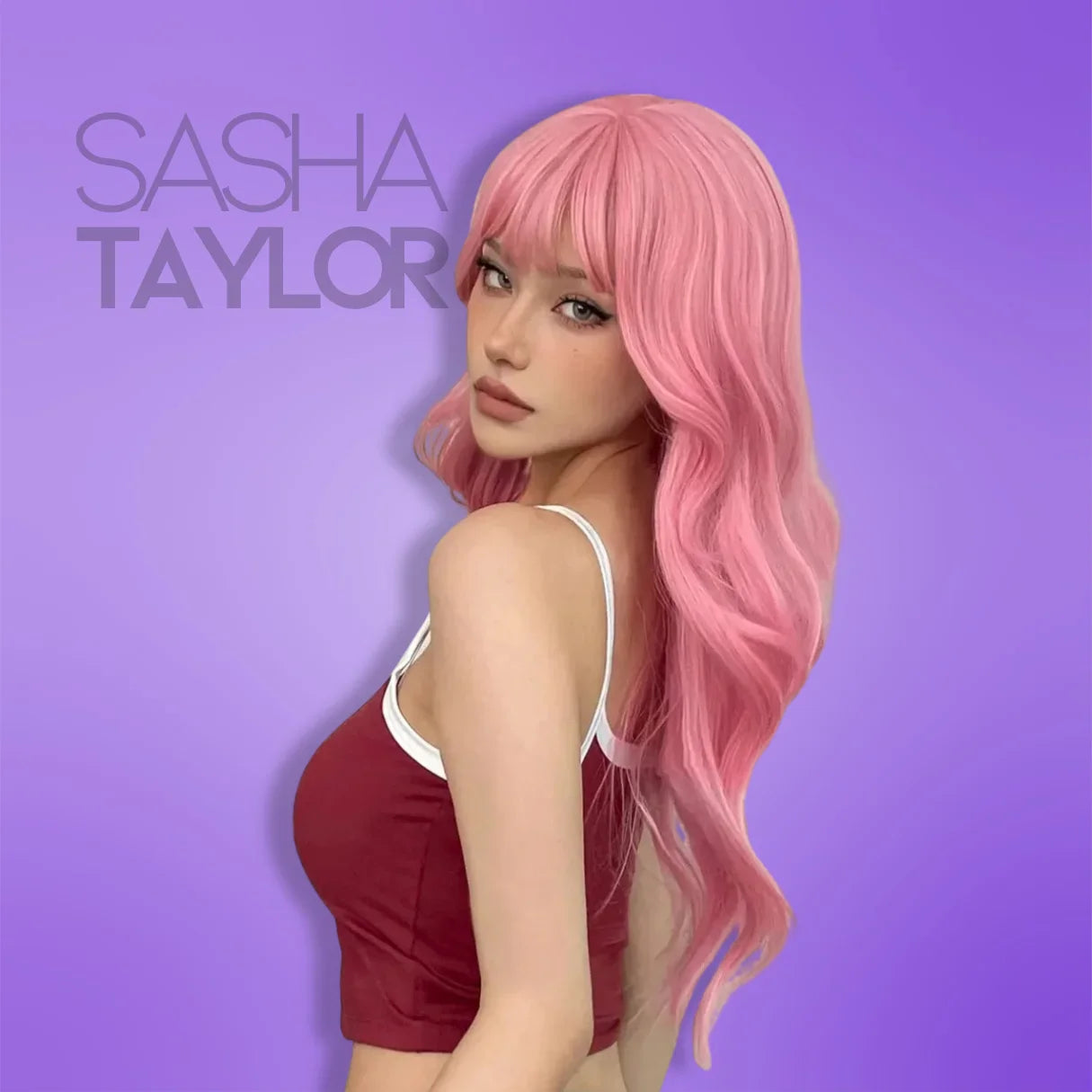 a white woman wearing a long pink synthetic wig