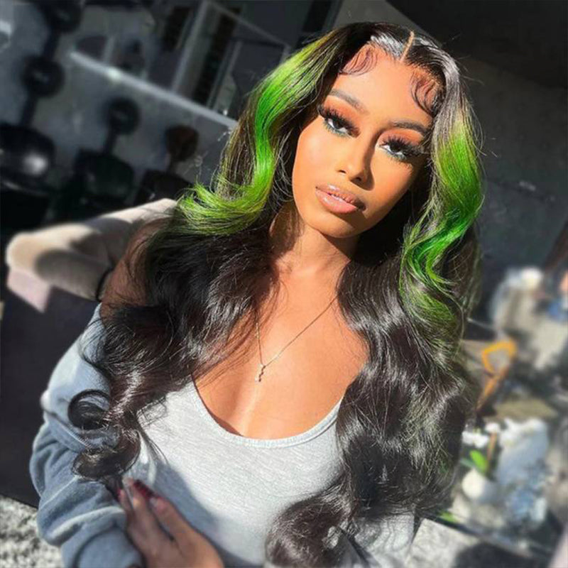 a black woman wearing a green skunk human hair wig