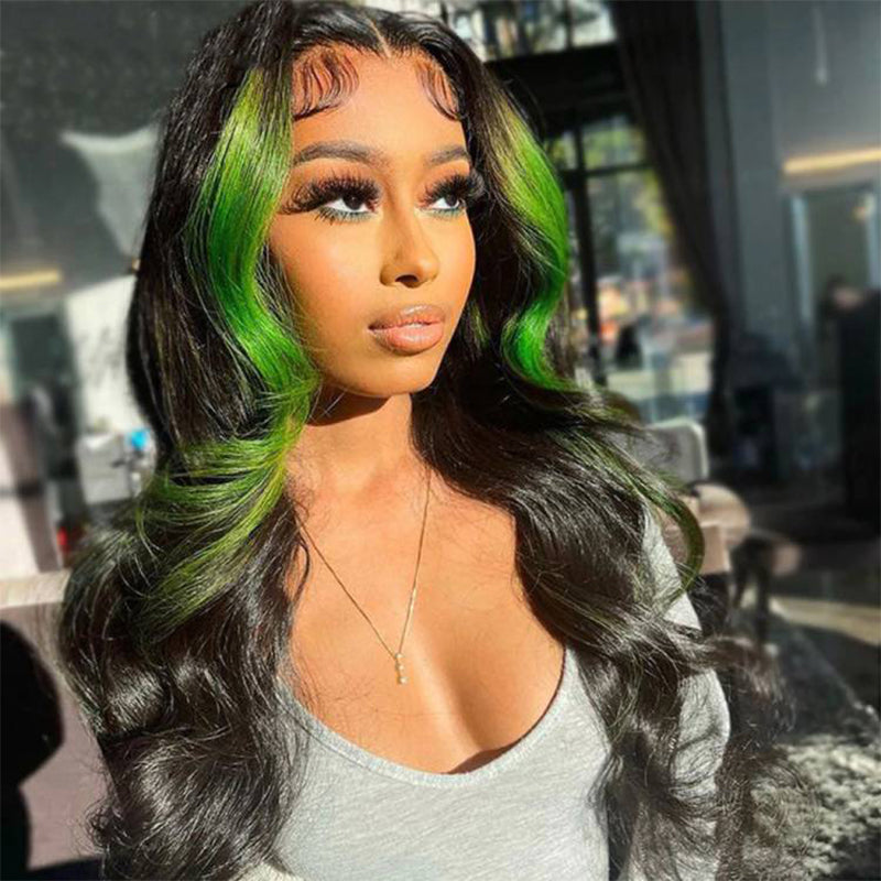 a woman wearing a green skunk human hair wig