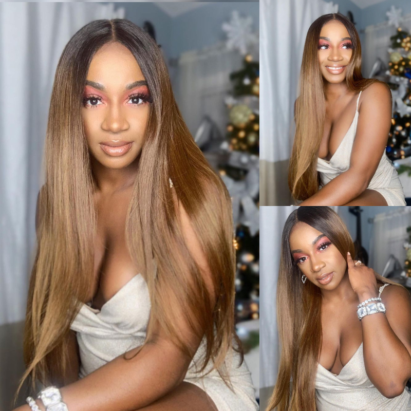 Ombre Honey Blonde, Brown &amp; Red Human Hair Wig - HD Lace Wigs