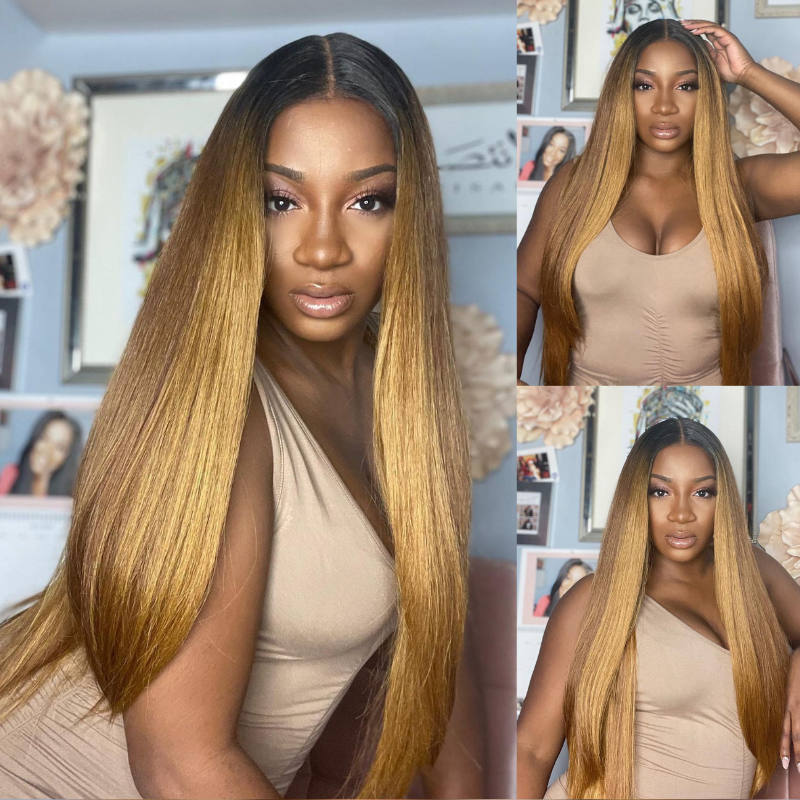 Ombre Honey Blonde, Brown &amp; Red Human Hair Wig - HD Lace Wigs