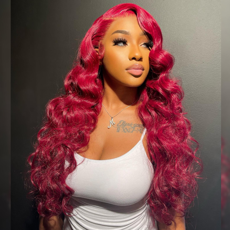 Bright Burgundy Red Wand Curls Human Hair Wig - HD Lace Wigs