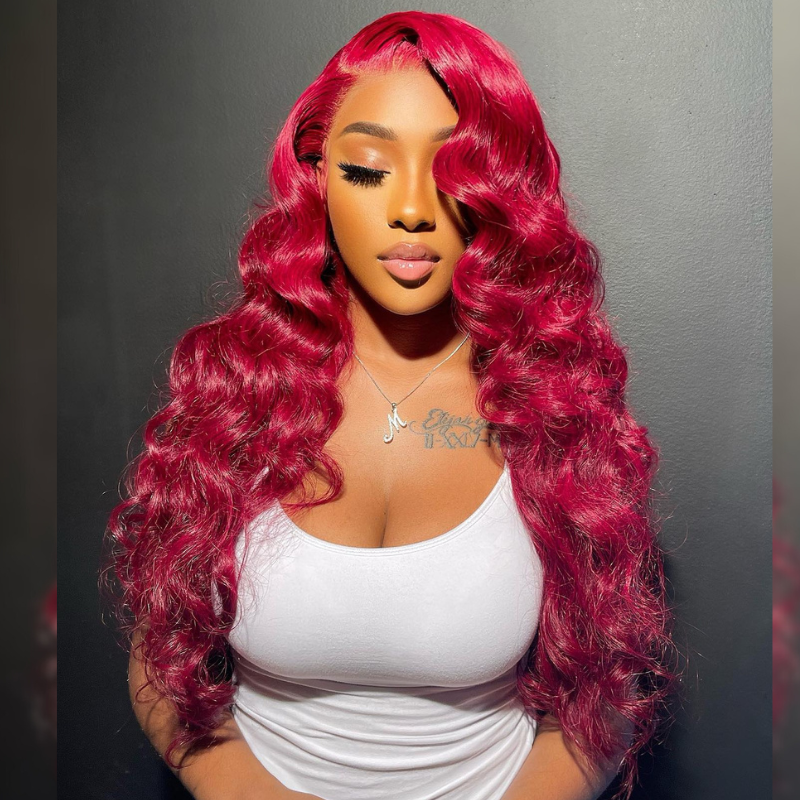 Bright Burgundy Red Wand Curls Human Hair Wig - HD Lace Wigs