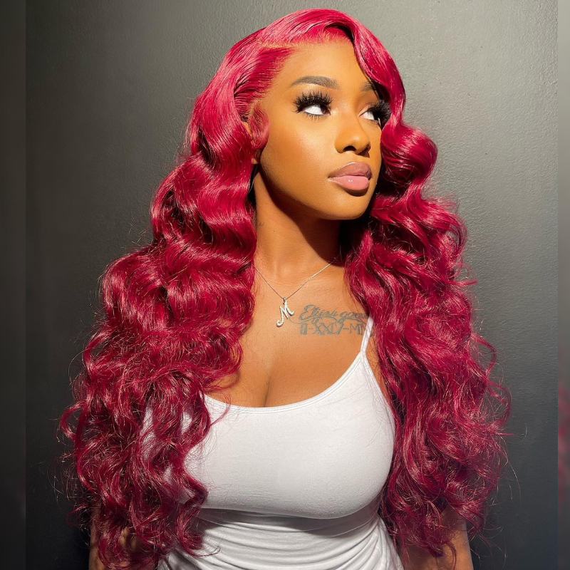 Bright Burgundy Red Wand Curls Human Hair Wig - HD Lace Wigs