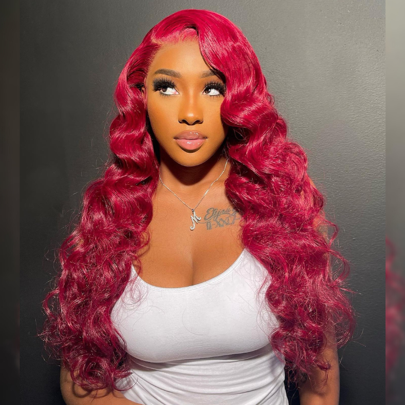 Bright Burgundy Red Wand Curls Human Hair Wig - HD Lace Wigs