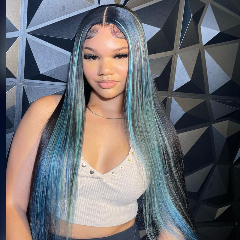 Black &amp; Light Blue Human Hair Wig - HD Lace Wigs