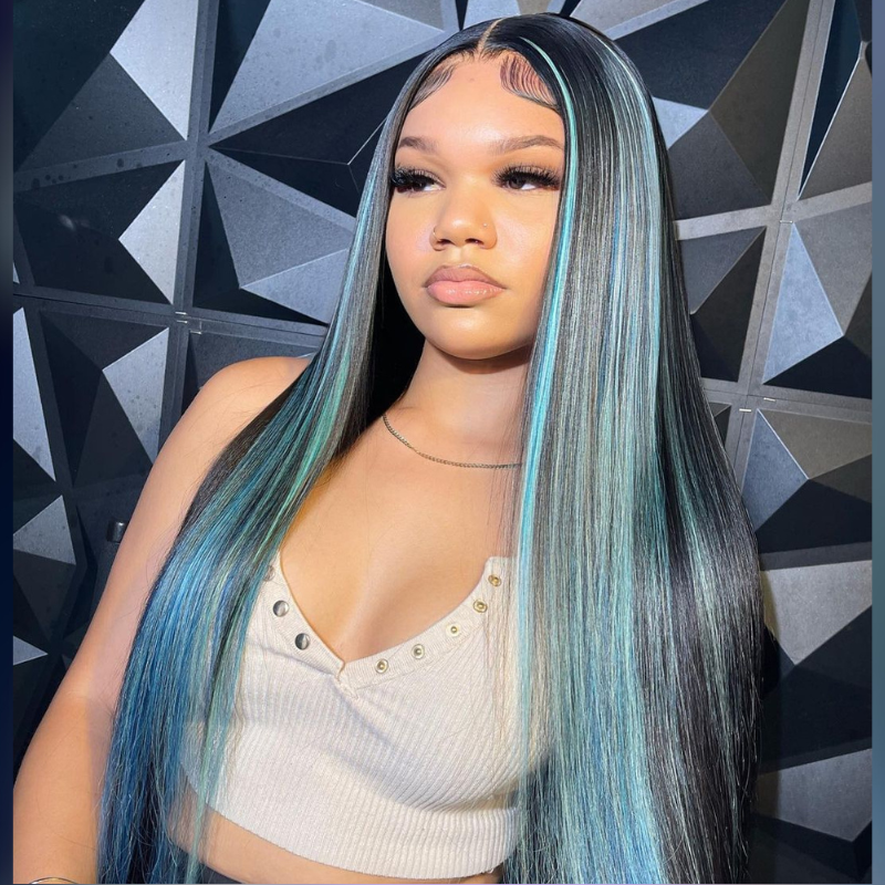 Black &amp; Light Blue Human Hair Wig - HD Lace Wigs