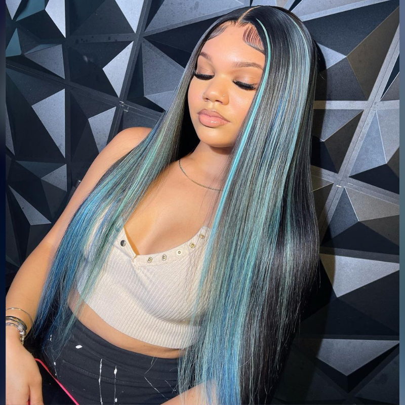 Black &amp; Light Blue Human Hair Wig - HD Lace Wigs