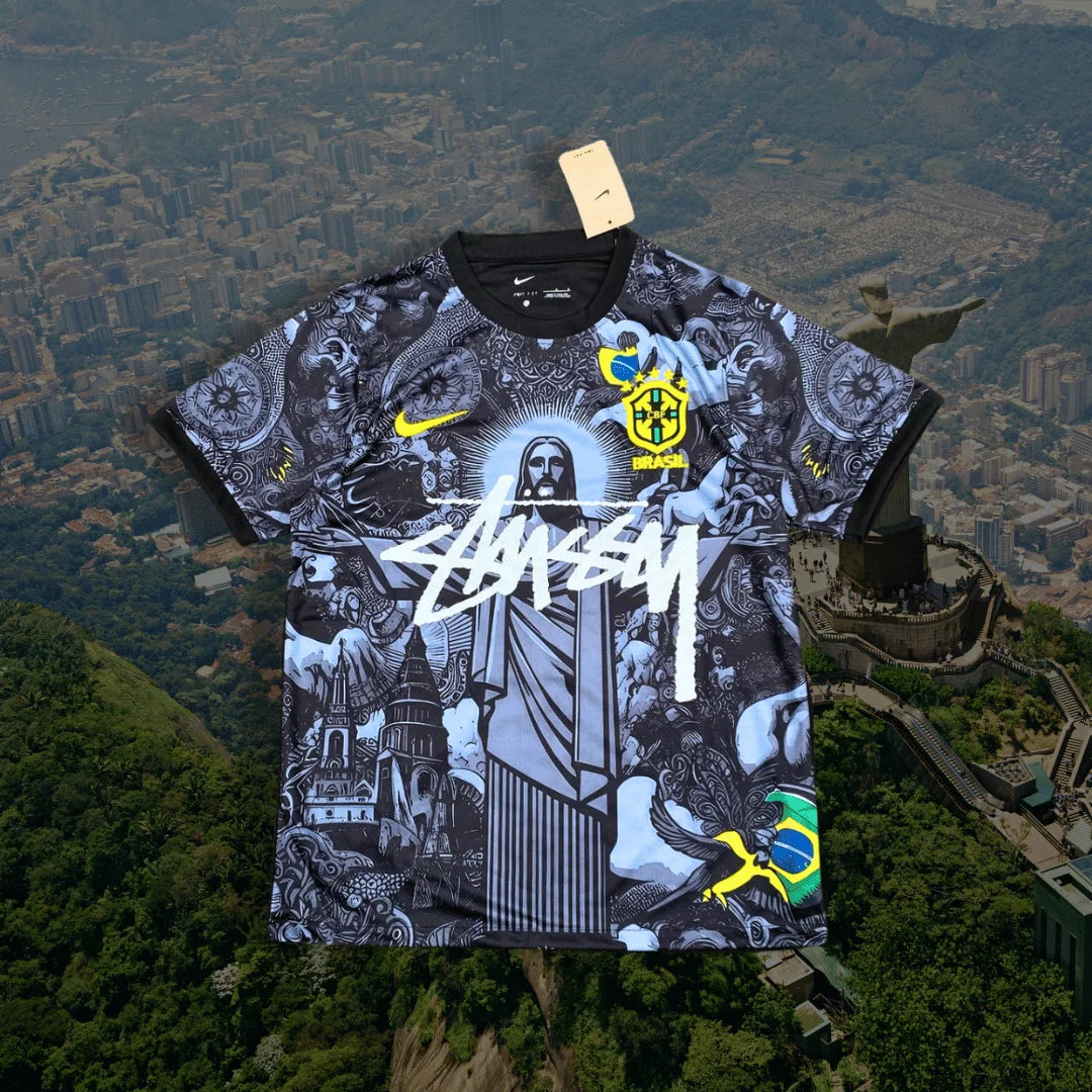 BRAZIL X JESUS CHRIST X stussy soccer jersey SPECIAL EDITION JERSEY KIT (BLACK) from the front