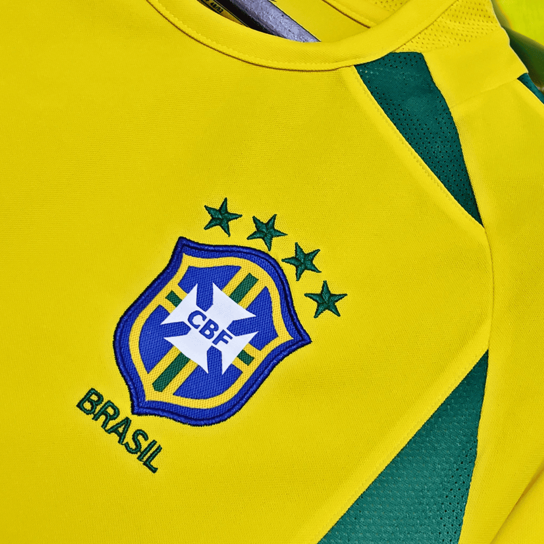 BRAZIL X STUSSY Concept Football Kit (2002 World Cup Retro) from the front logo close up