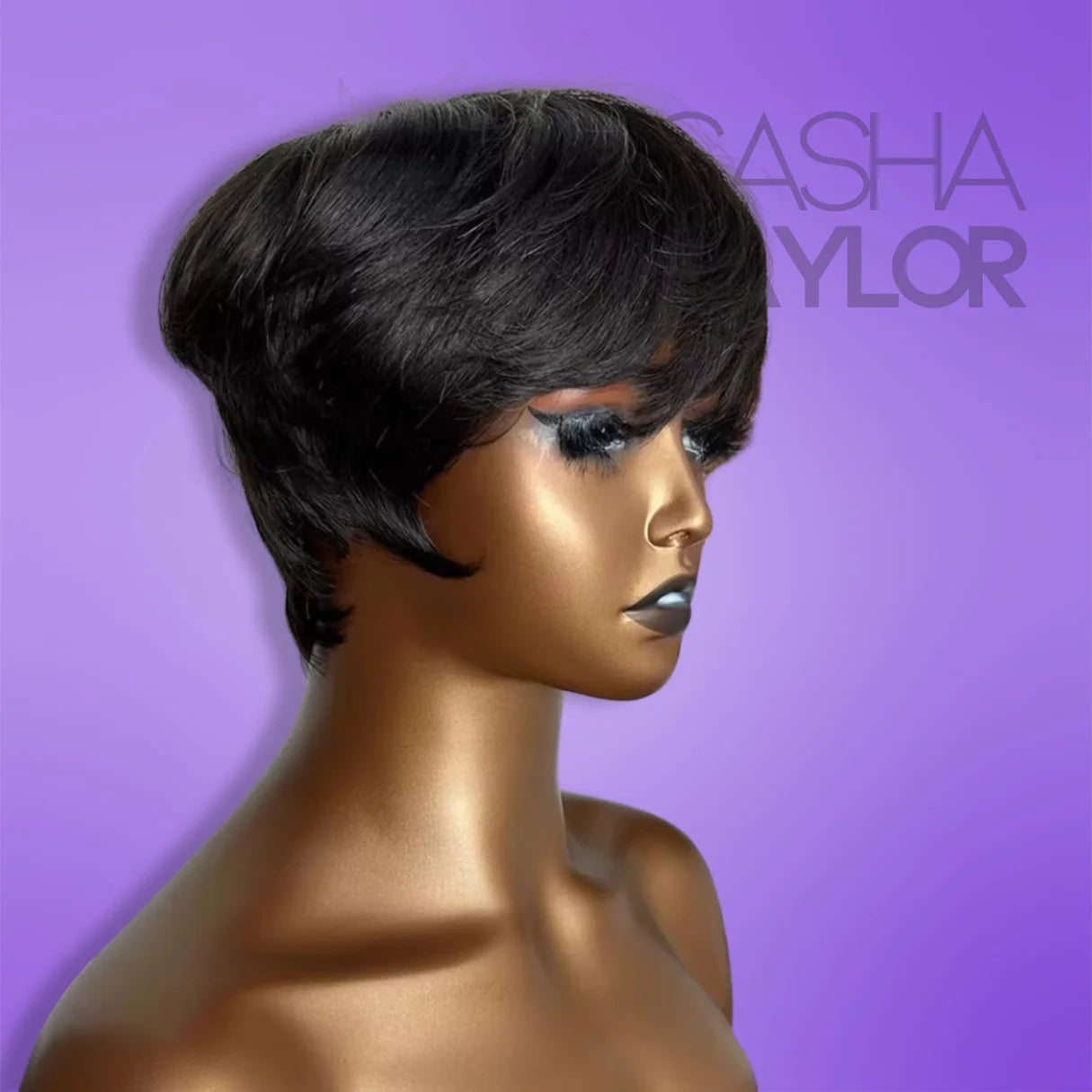 a mannequin wearing a black Short Human Hair Wig with Bangs | Glueless &amp; Ready-to-Wear from the side