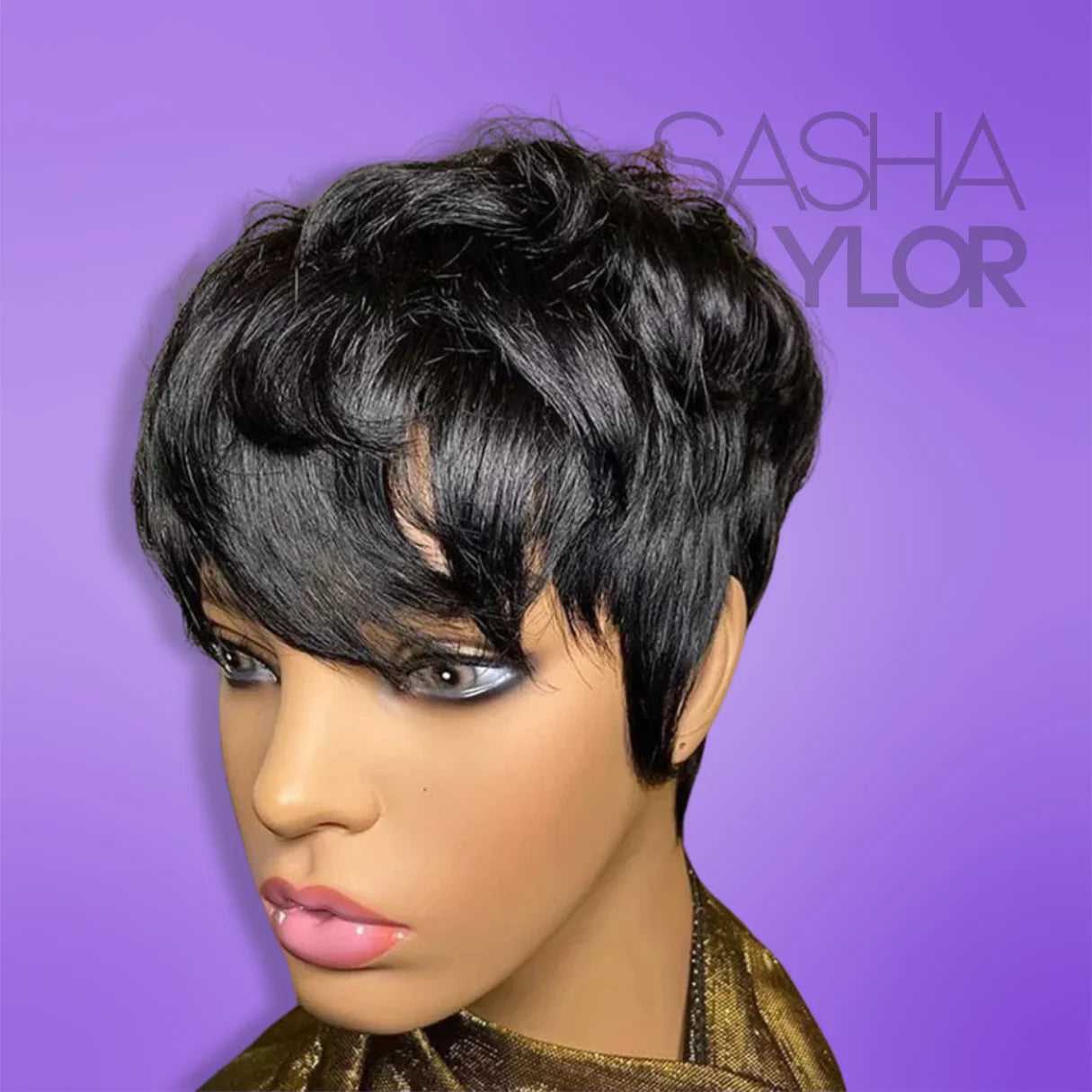 a mannequin wearing a black Short Human Hair Wig with Bangs | Glueless &amp; Ready-to-Wear from the side