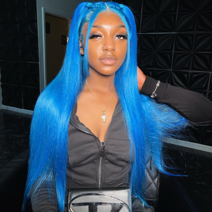 Blue Color Straight Weave Human Hair Wig - HD Lace Front