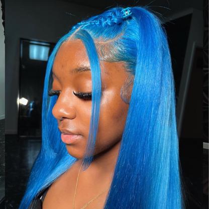 Blue Color Straight Weave Human Hair Wig - HD Lace Front