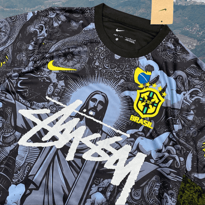 BRAZIL X JESUS CHRIST X STUSSY SPECIAL EDITION JERSEY KIT (BLACK) from the front