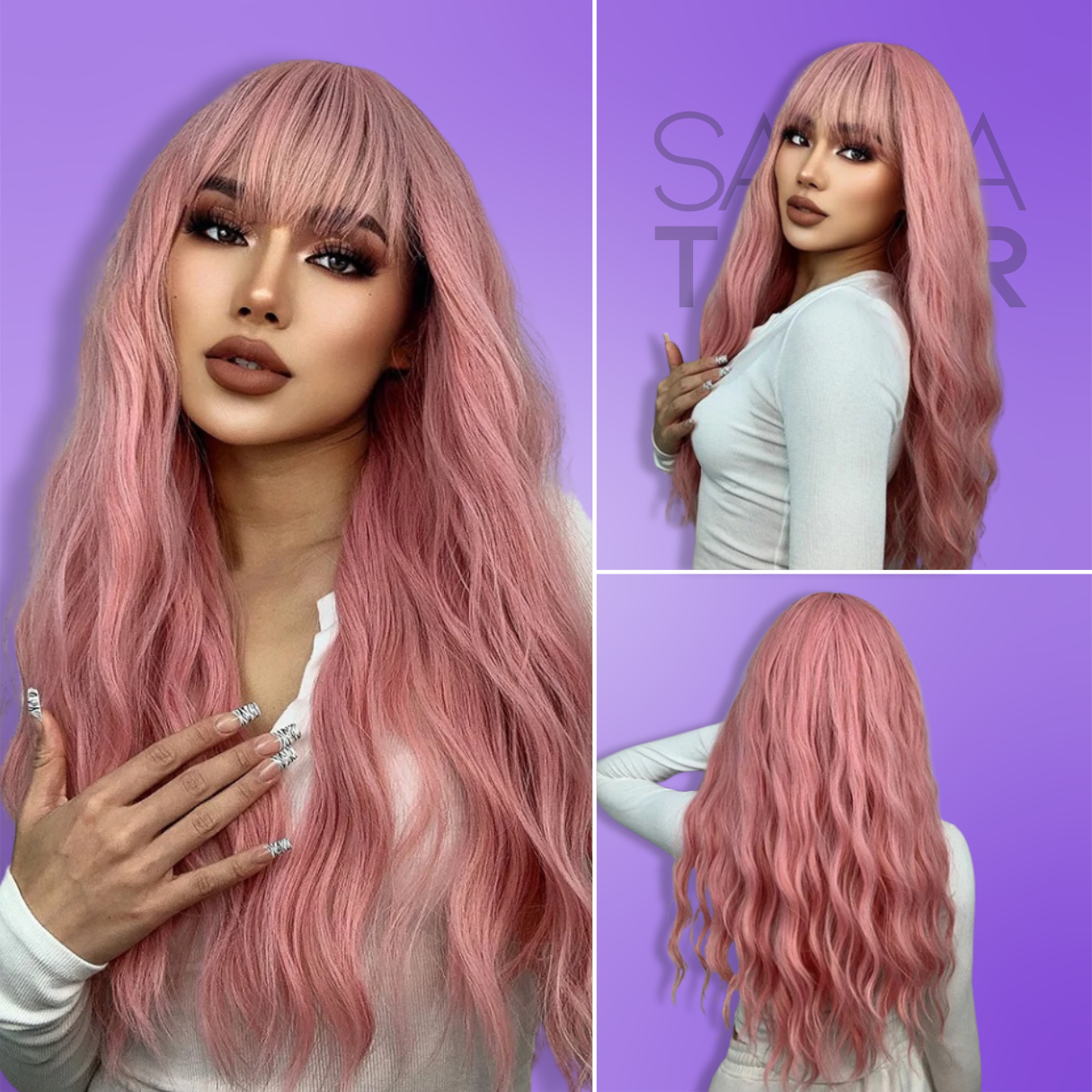 pink Long Straight Synthetic Wigs with Bangs - Natural Look for Cosplay and Everyday