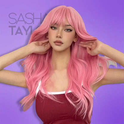 Long Wavy Wig with Bangs - Cosplay &amp; Everyday Fun - glueless wigs -  blonde wig - bang wig - pink from the front