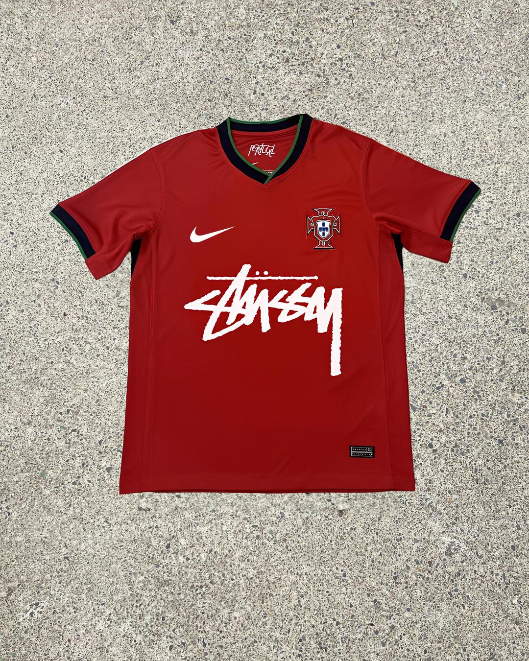 stussy soccer jersey Portugal Edition Jersey featuring vibrant red and green colors, stussy soccer jersey branding, and the Portugal national crest, celebrating the fusion of streetwear and football.