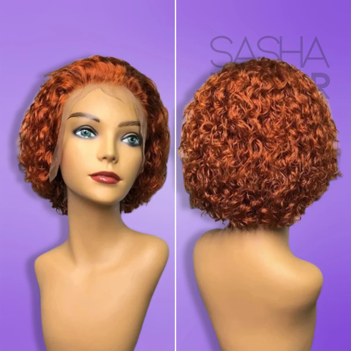 a mannequin wearing an orange Pixie Cut Curly Short Wig - 100% Human Hair HD Lace Wig from the front and back