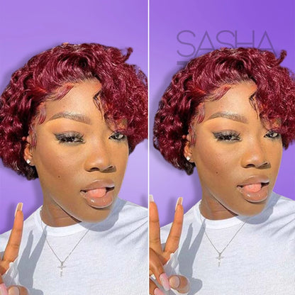 a black african american woman wearing a red Pixie Cut Curly Short Wig - 100% Human Hair HD Lace Wig from the front