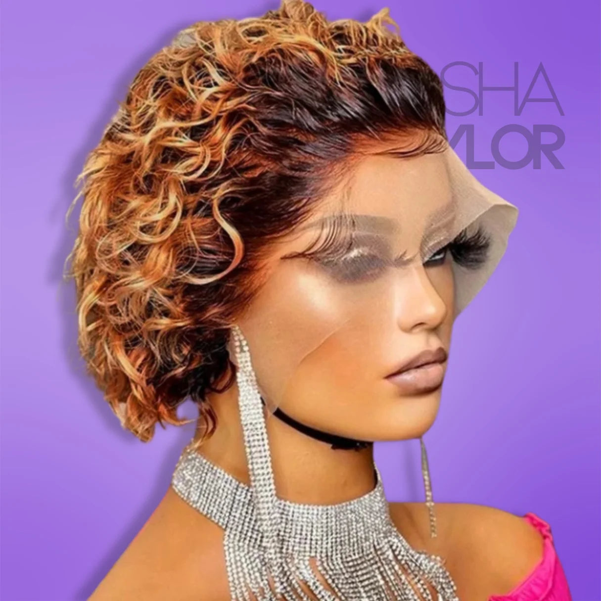 a mannequin wearing an orange blonde Pixie Cut Curly Short Wig - 100% Human Hair HD Lace Wig from the side