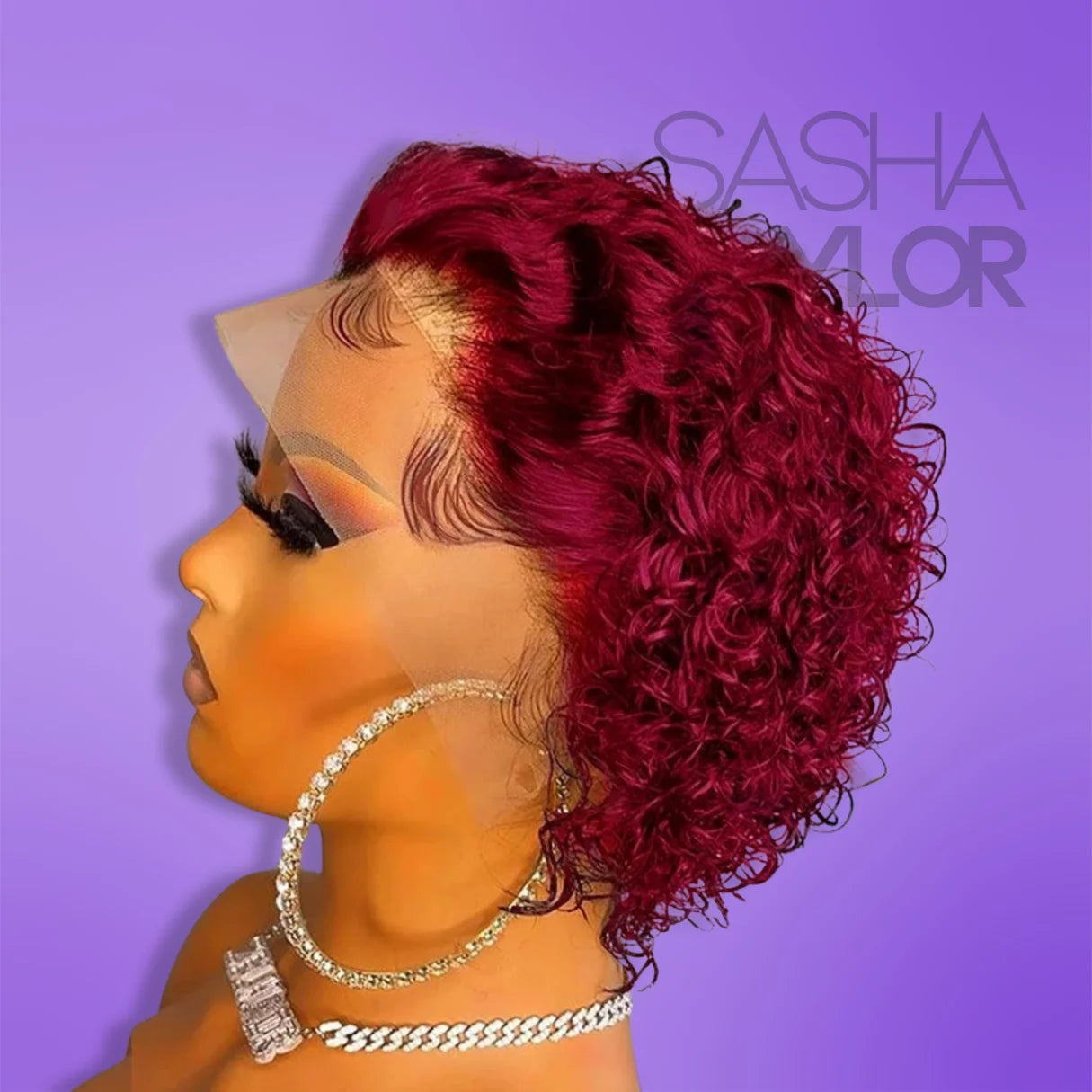 a mannequin wearing a red Pixie Cut Curly Short Wig - 100% Human Hair HD Lace Wig from the side