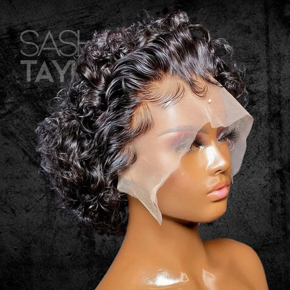 a mannequin wearing a black Pixie Cut Curly Short Wig - 100% Human Hair HD Lace Wig