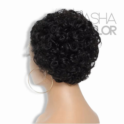 a mannequin wearing a black Pixie Cut Curly Short Wig - 100% Human Hair HD Lace Wig from behind