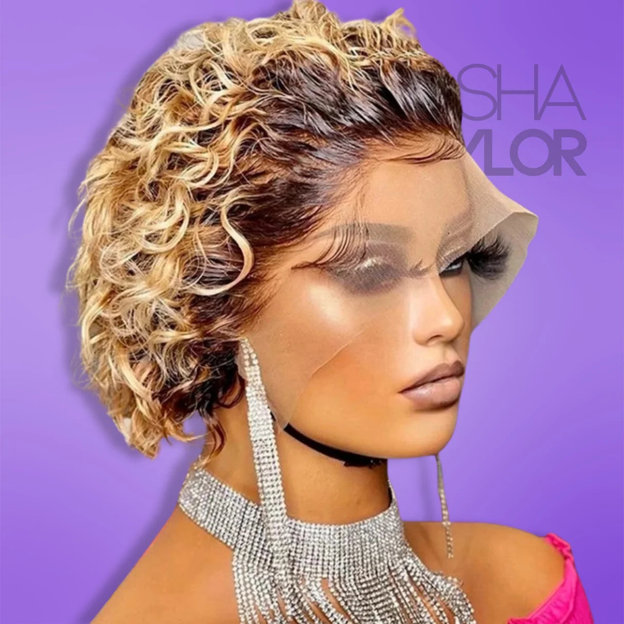 a mannequin wearing a blonde Pixie Cut Curly Short Wig - 100% Human Hair HD Lace Wig from the side