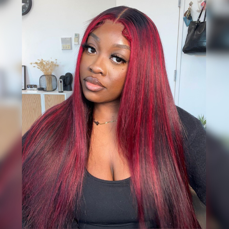 Black &amp; Burgundy Red Human Hair Wig - HD Lace Wigs