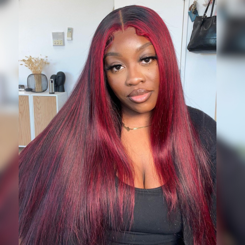 Black &amp; Burgundy Red Human Hair Wig - HD Lace Wigs