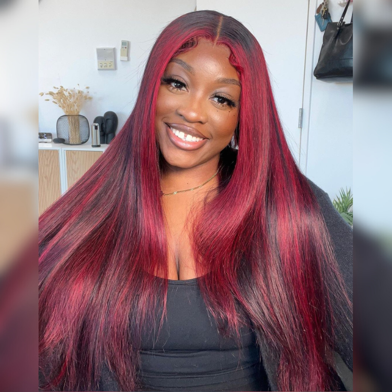 Black &amp; Burgundy Red Human Hair Wig - HD Lace Wigs