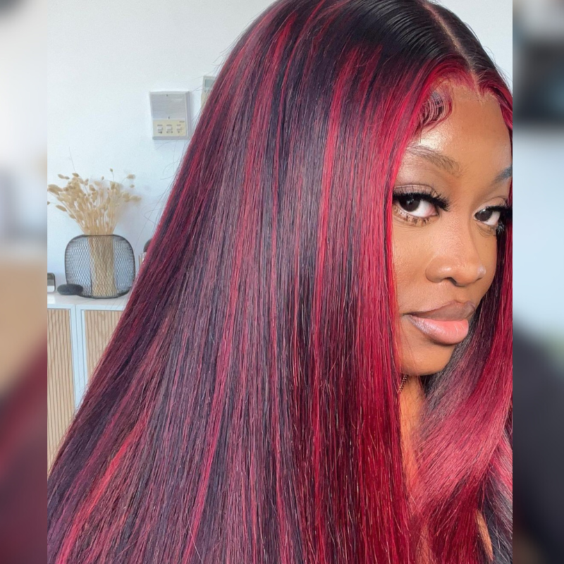 Black &amp; Burgundy Red Human Hair Wig - HD Lace Wigs