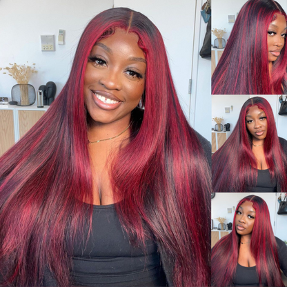 Black &amp; Burgundy Red Human Hair Wig - HD Lace Wigs