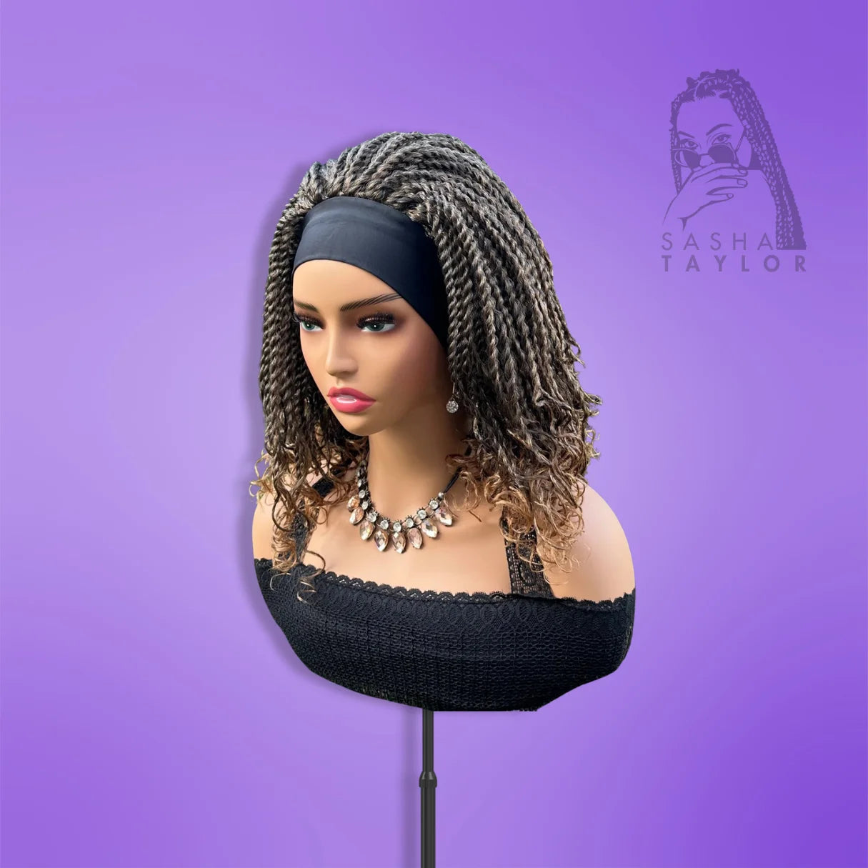 grey Short Headband Bob Braided Wigs on a mannequin