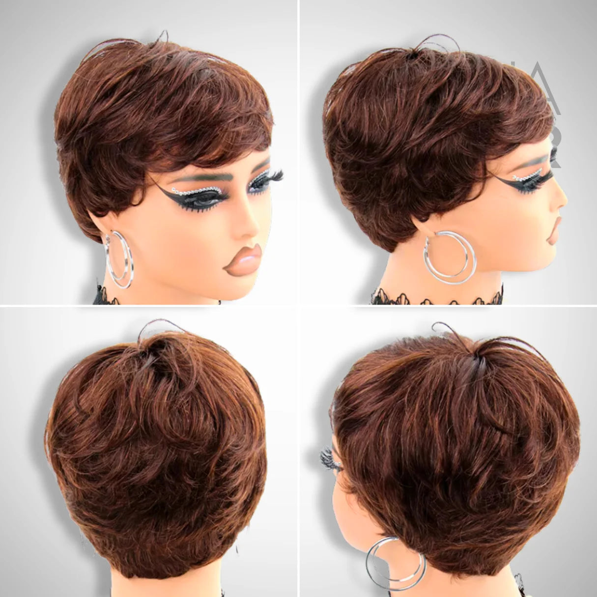 a mannequin wearing a brown Short Human Hair Wig With Bangs | Pixie Cut from all sides