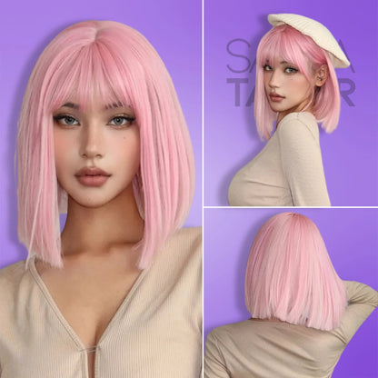 pink Short Synthetic Bob Wig with Bangs - Daily Wear &amp; Cosplay