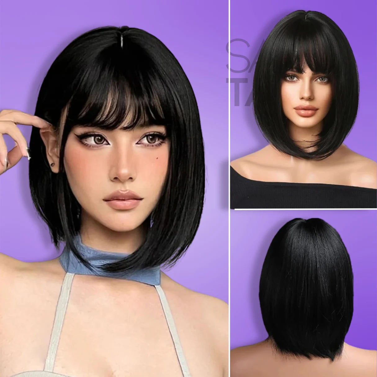 black Short Synthetic Bob Wig with Bangs - Daily Wear &amp; Cosplay