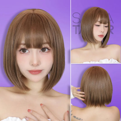 brown Short Synthetic Bob Wig with Bangs - Daily Wear &amp; Cosplay