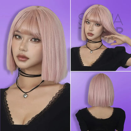 pink Short Synthetic Bob Wig with Bangs - Daily Wear &amp; Cosplay