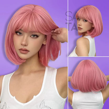 pink Short Synthetic Bob Wig with Bangs - Daily Wear &amp; Cosplay