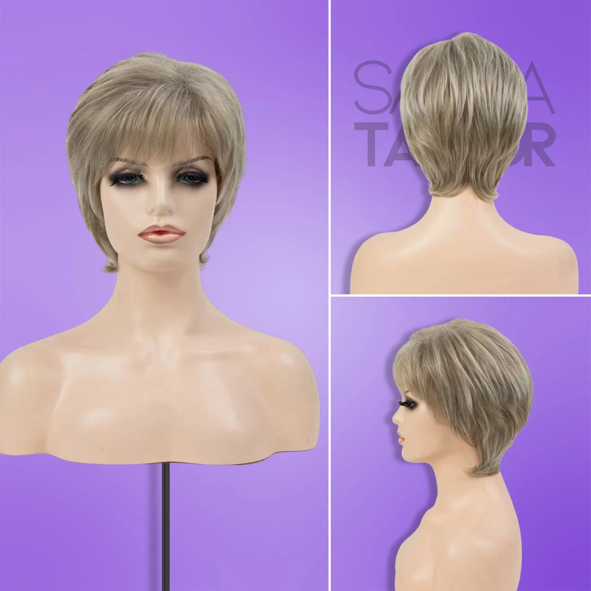 A mannequin wearing white/brown Synthetic Wig with Bangs