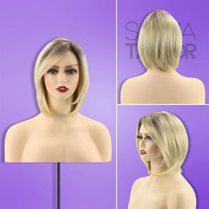 A mannequin wearing blonde Synthetic Wig with Bangs