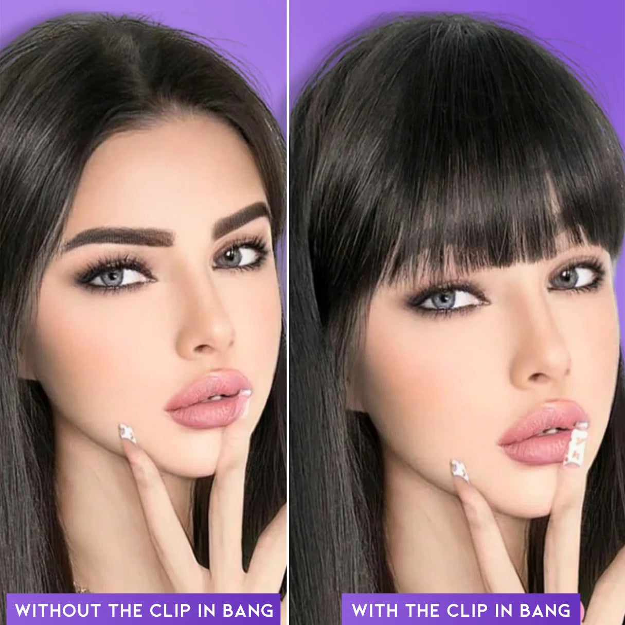 with and without Smooth Clip-In Bangs  | Natural Fringe for Easy Daily Wear