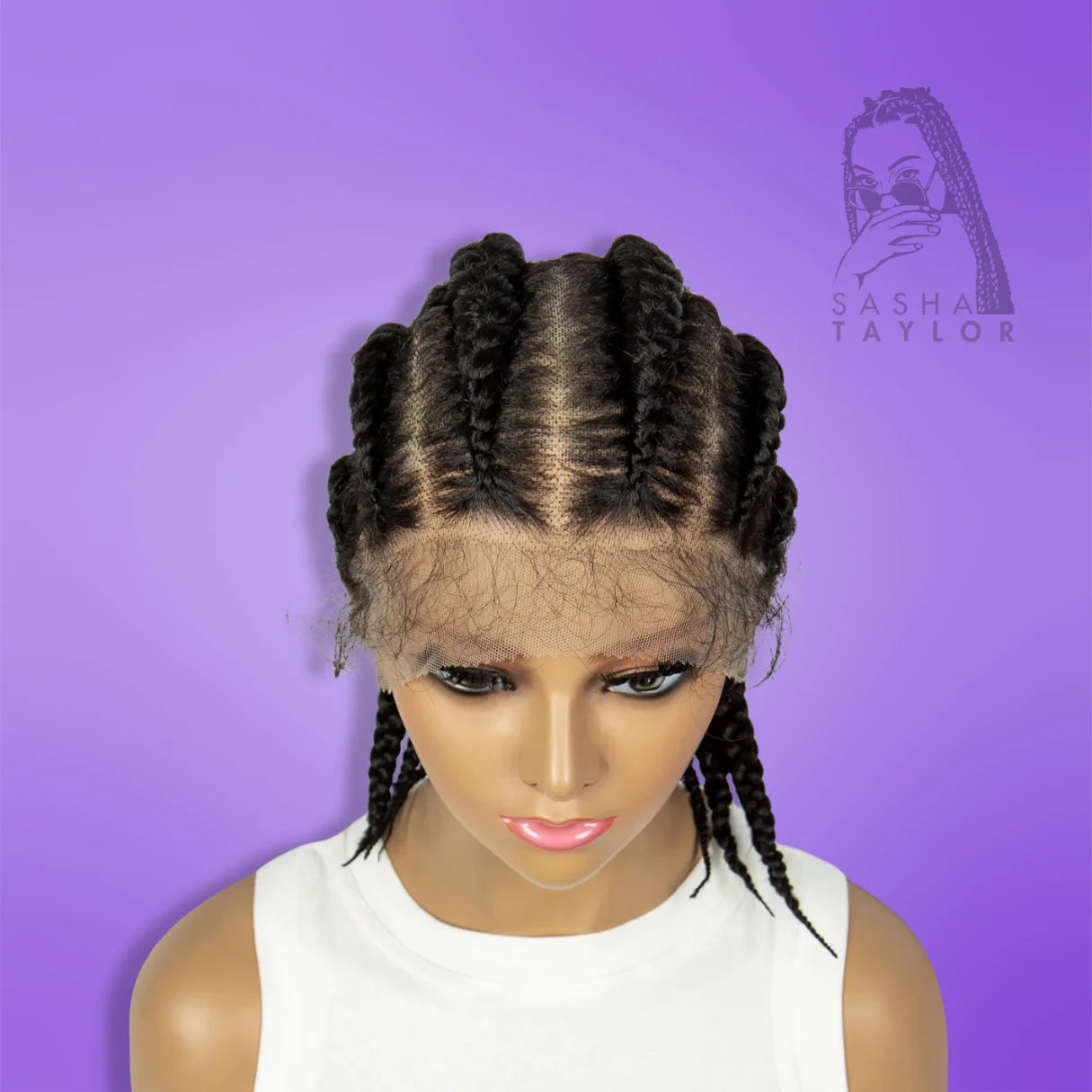 close up of Synthetic Cornrow Box Braided Wigs – HD Full Lace on a mannequin from the front