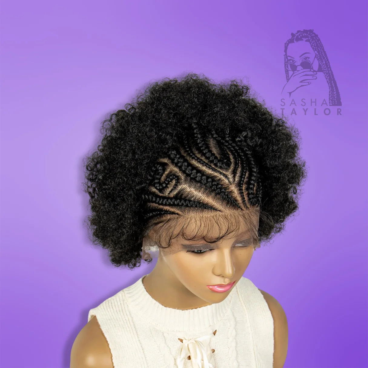 Short Synthetic Kinky Curly Braided Wigs - HD Lace Wigs on a model from the side from above