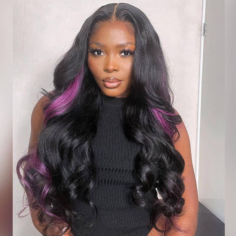 Black &amp; Purple Human Hair Wig - HD Lace Wigs